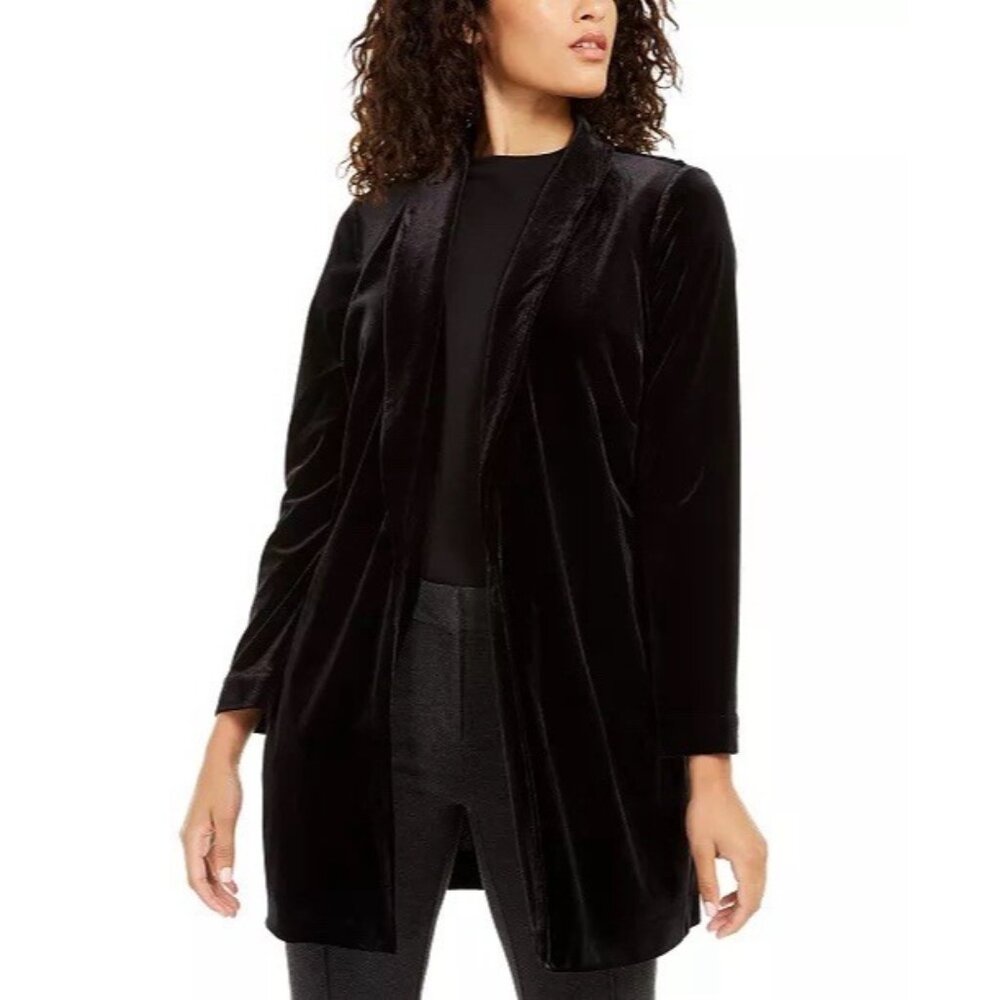 Alfani Womens Medium Velvet Midi Length Open Blazer Shawl-Collar Black NWT‎